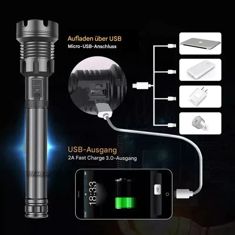 Taktische LED Taschenlampe mit Zoom und Powerbank
