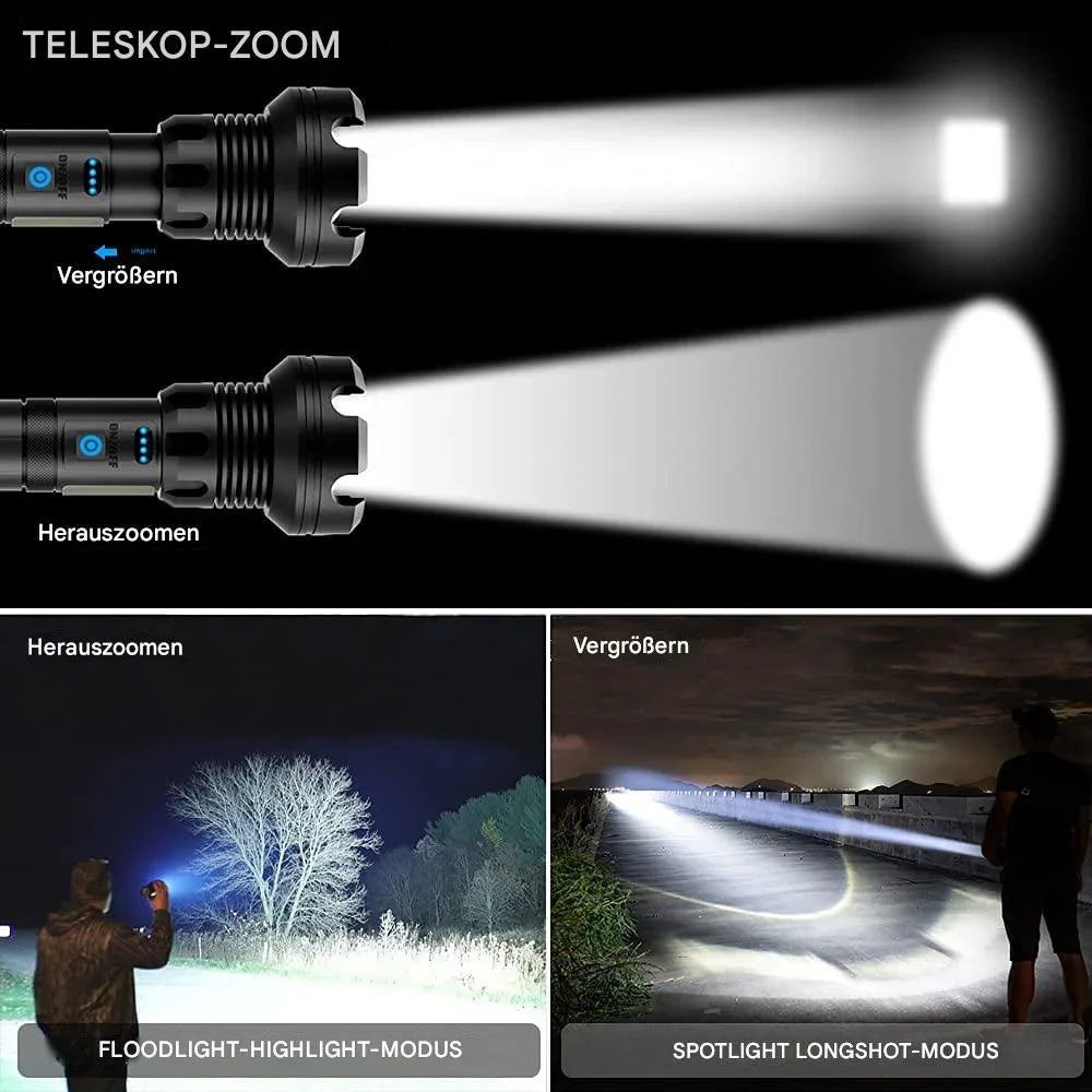 Taktische LED Taschenlampe mit Zoom und Powerbank