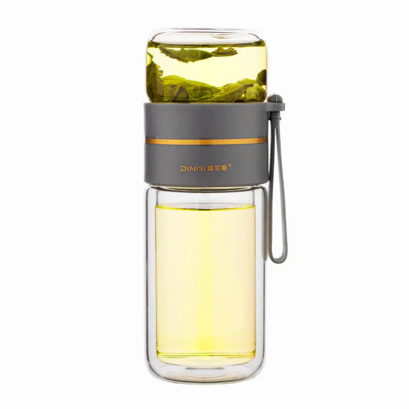 Doppelwandige Glasflasche mit Teesieb und Infuser – Ideal für Tee und Infusionen unterwegs