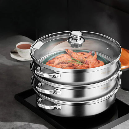 Dampfgarer Edelstahl 3 Schichten mit Griffen und Glasdeckel – Perfekt für Küche