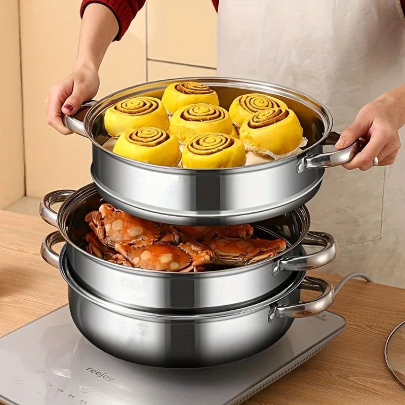 Dampfgarer Edelstahl 3 Schichten mit Griffen und Glasdeckel – Perfekt für Küche