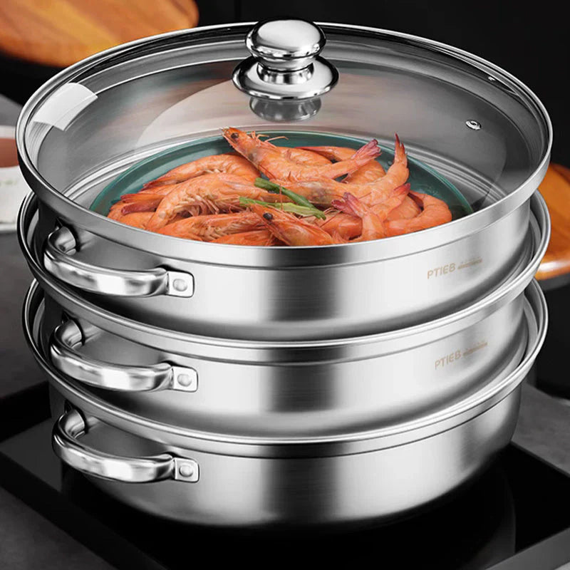 Dampfgarer Edelstahl 3 Schichten mit Griffen und Glasdeckel – Perfekt für Küche