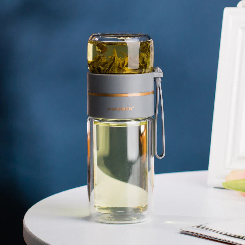 Doppelwandige Glasflasche mit Teesieb und Infuser – Ideal für Tee und Infusionen unterwegs
