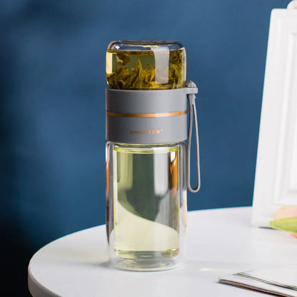 Doppelwandige Glasflasche mit Teesieb und Infuser – Ideal für Tee und Infusionen unterwegs