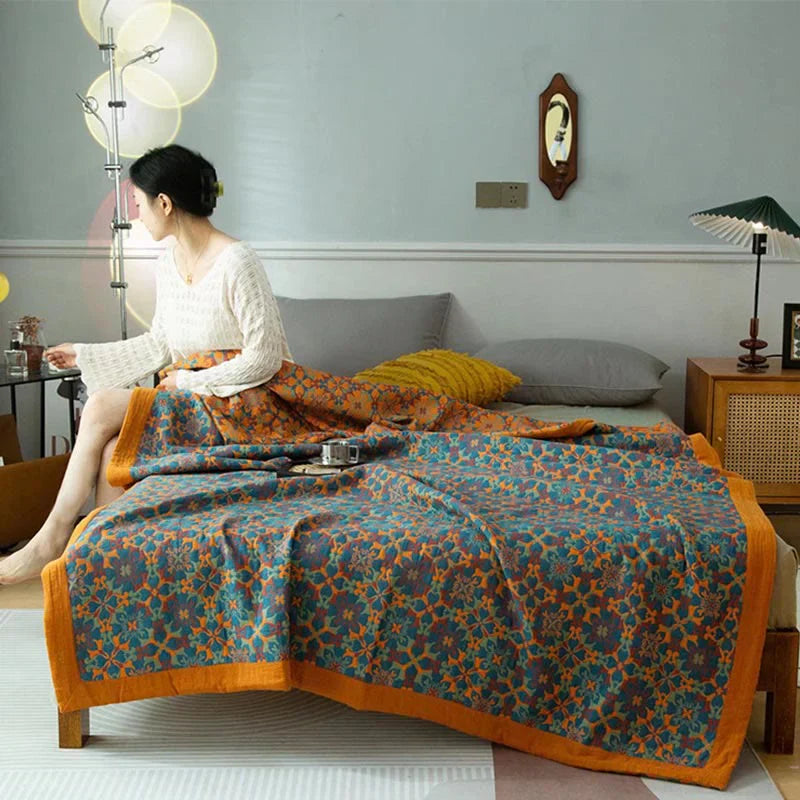 Baumwoll-Decke mit Sechslagigem Design und Orange-Blauem Muster