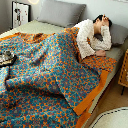 Baumwoll-Decke mit Sechslagigem Design und Orange-Blauem Muster