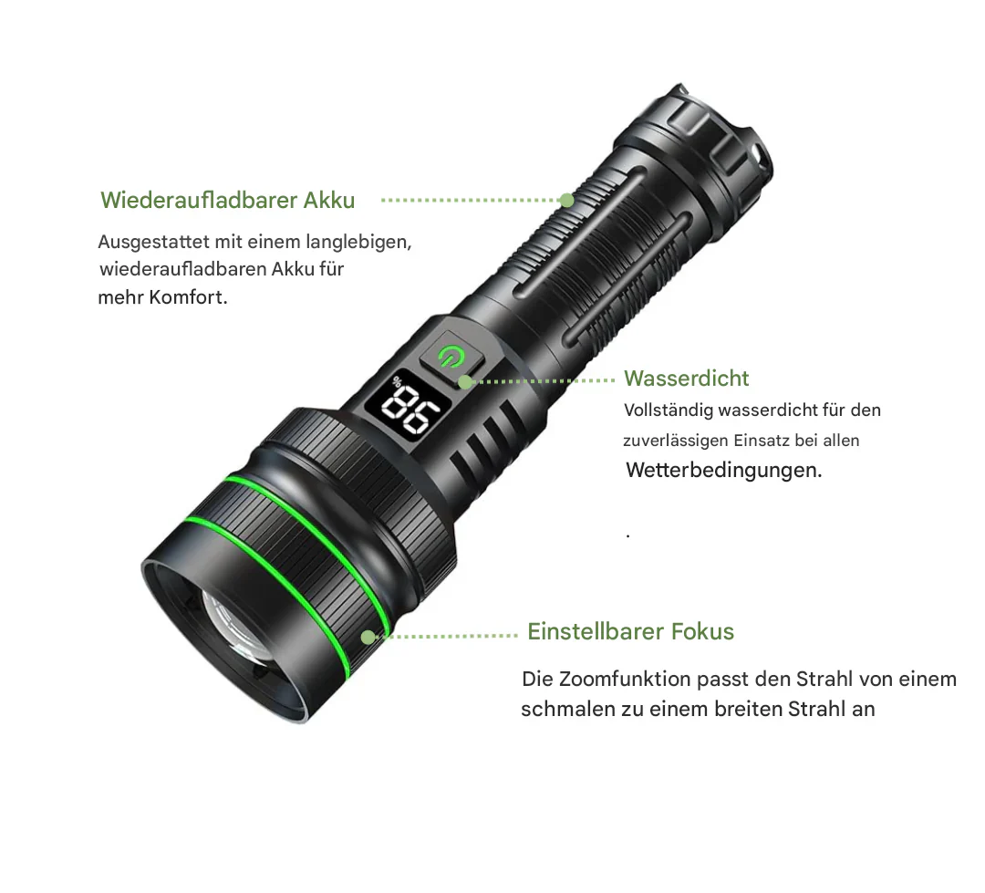 Extrem Helle LED-Taschenlampe mit Zoom und Powerbank-Funktion für Outdoor-Abenteuer und Notfälle