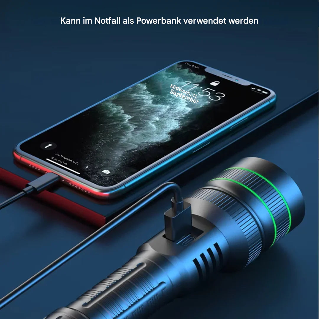 Extrem Helle LED-Taschenlampe mit Zoom und Powerbank-Funktion für Outdoor-Abenteuer und Notfälle