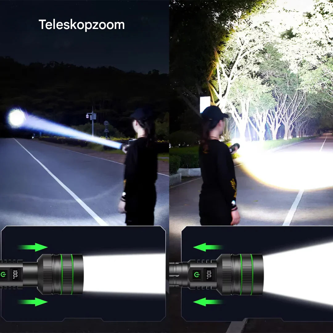 Extrem Helle LED-Taschenlampe mit Zoom und Powerbank-Funktion für Outdoor-Abenteuer und Notfälle