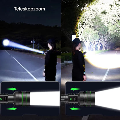 Extrem Helle LED-Taschenlampe mit Zoom und Powerbank-Funktion für Outdoor-Abenteuer und Notfälle
