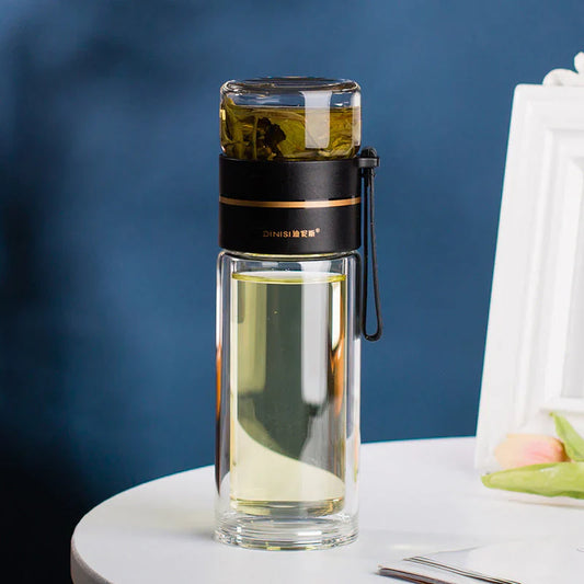 Doppelwandige Glasflasche mit Teesieb und Infuser – Ideal für Tee und Infusionen unterwegs