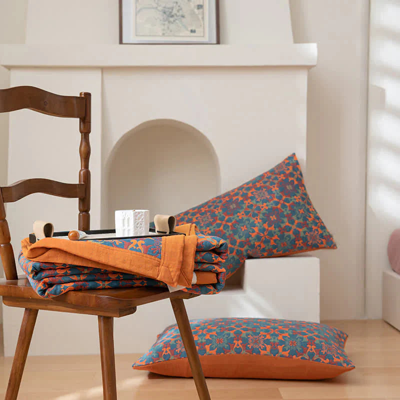 Baumwoll-Decke mit Sechslagigem Design und Orange-Blauem Muster