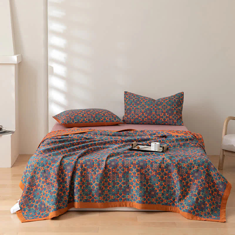 Baumwoll-Decke mit Sechslagigem Design und Orange-Blauem Muster
