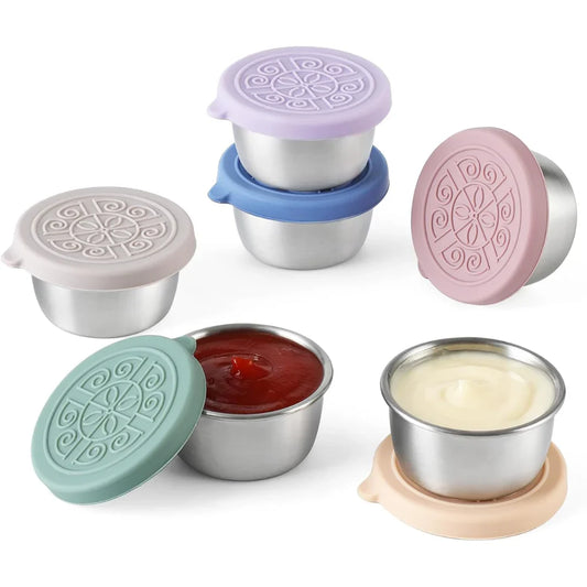 Auslaufsichere Edelstahl-Dip-Behälter mit Silikondeckel (6er-Set) – Perfekt für Saucen, Dressings & Snacks