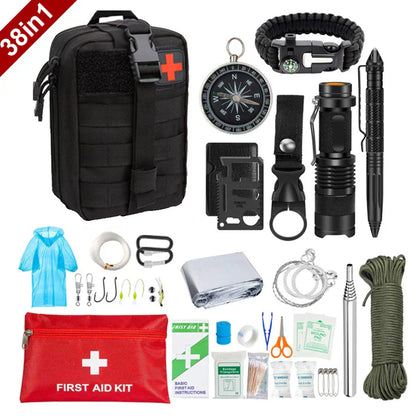 Erste-Hilfe- und Survival-Kit 38-in-1 mit Taschenlampe, Kompass und Notfalldecke