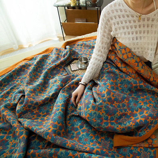 Baumwoll-Decke mit Sechslagigem Design und Orange-Blauem Muster