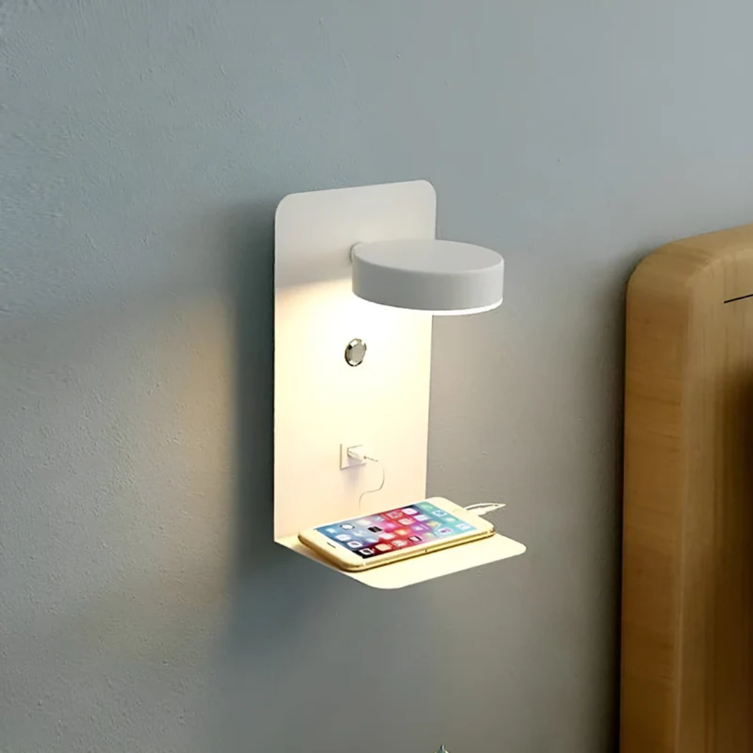 Multifunktionale LED-Wandleuchte mit Ablage und USB