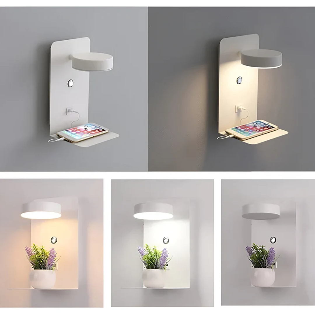 Multifunktionale LED-Wandleuchte mit Ablage und USB