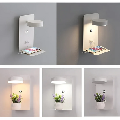 Multifunktionale LED-Wandleuchte mit Ablage und USB