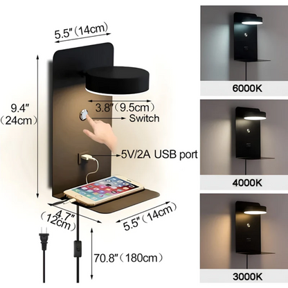 Multifunktionale LED-Wandleuchte mit Ablage und USB