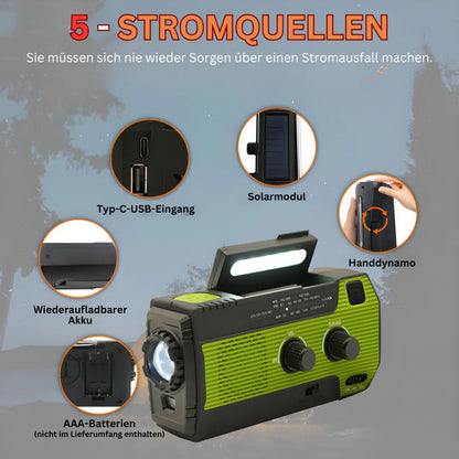 Tragbares Notfallradio mit Solar und Powerbank – 5 Stromquellen