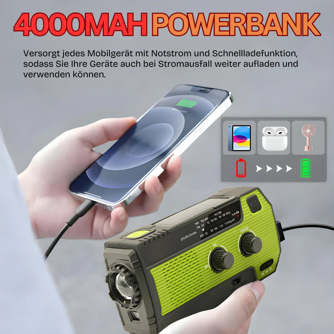 Tragbares Notfallradio mit Solar und Powerbank – 5 Stromquellen
